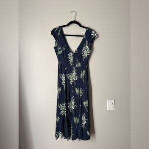 Anthropologie Navy Floral V-Neck Button Front Women's Dress